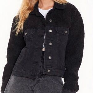 The Rockn Rev | Black Textured Faux Fur Denim Jacket | Size Small